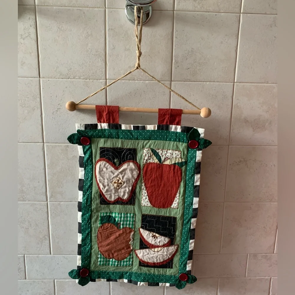 Quilted Wall Hanging with Apples Appliqués and patterned fabric - Vintage